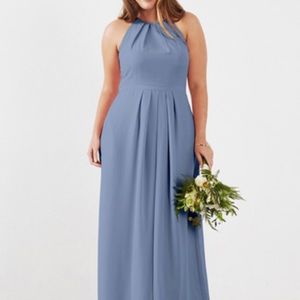 Floor length Bridesmaid dress in dusty blue.